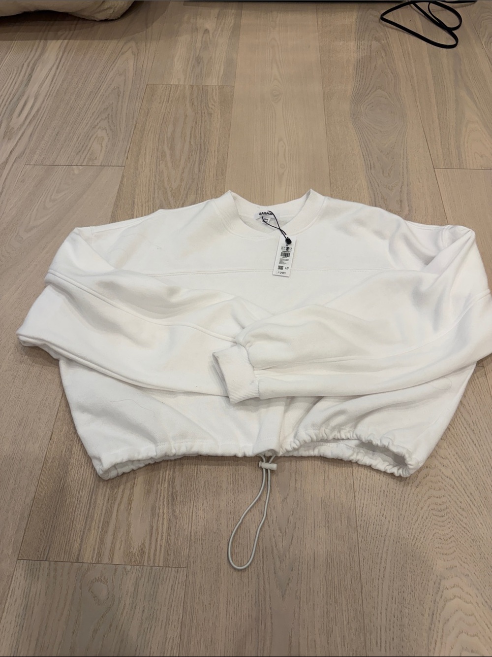 Garage White Cropped Crewneck Sweatshirt with Drawstring